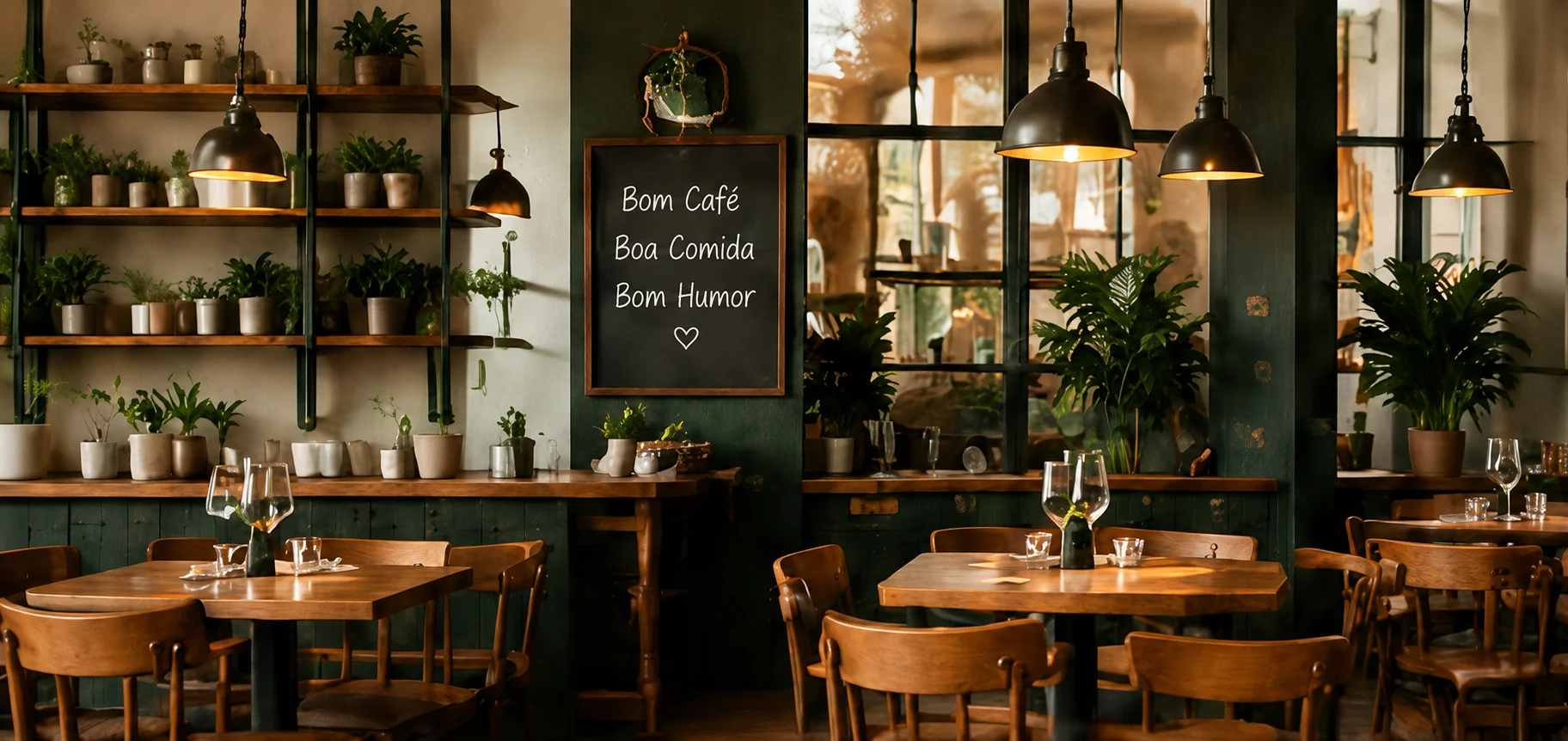 Salão acolhedor da Brew Haven com lousa de café